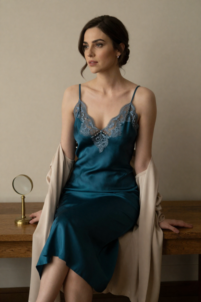 Sylvie, a fictional 29-year-old muse in a deep teal silk slip at the oak bench of DeFiSearcher